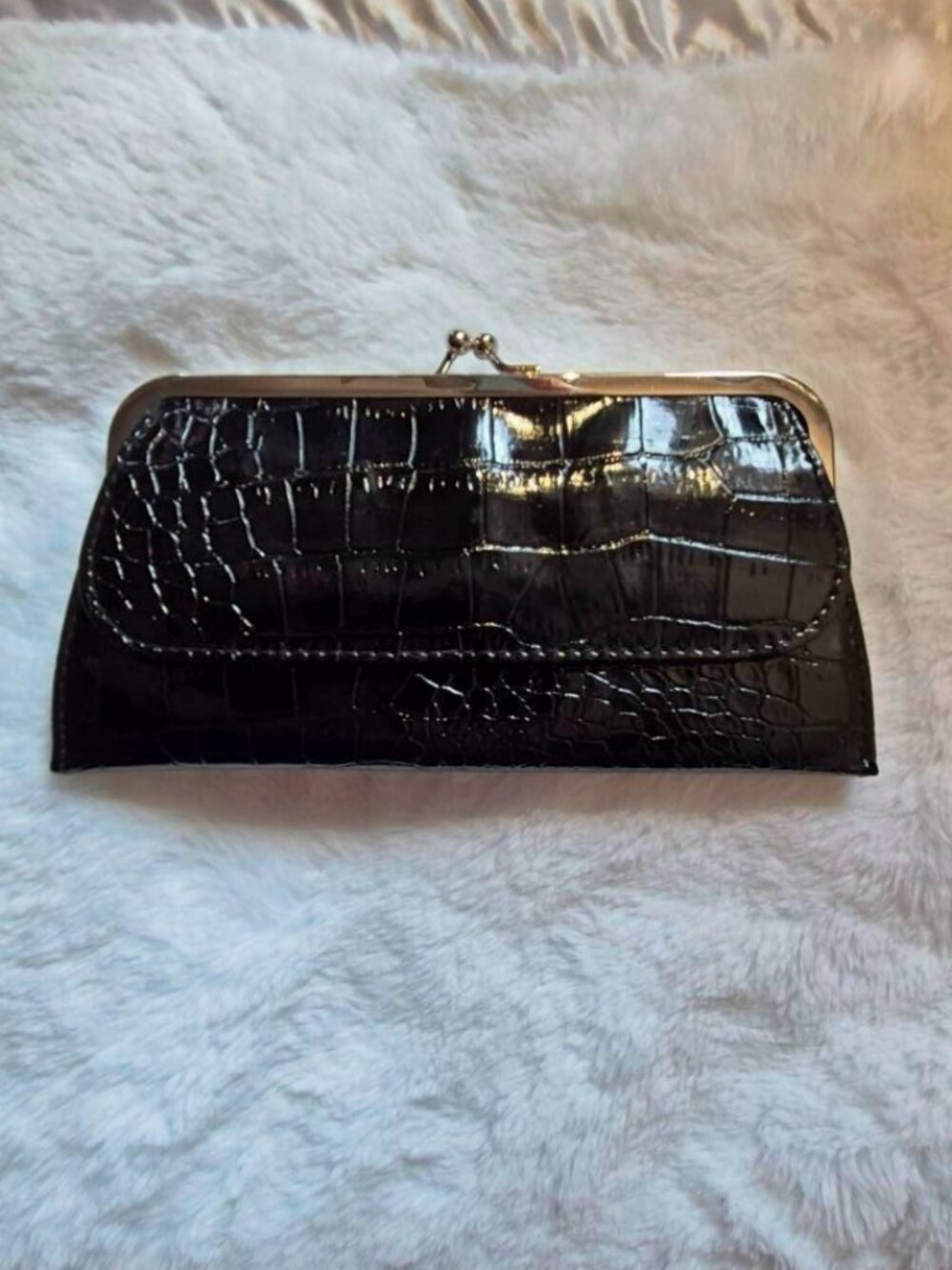 Black Glossy Croc Embossed Framed Clutch Wallet